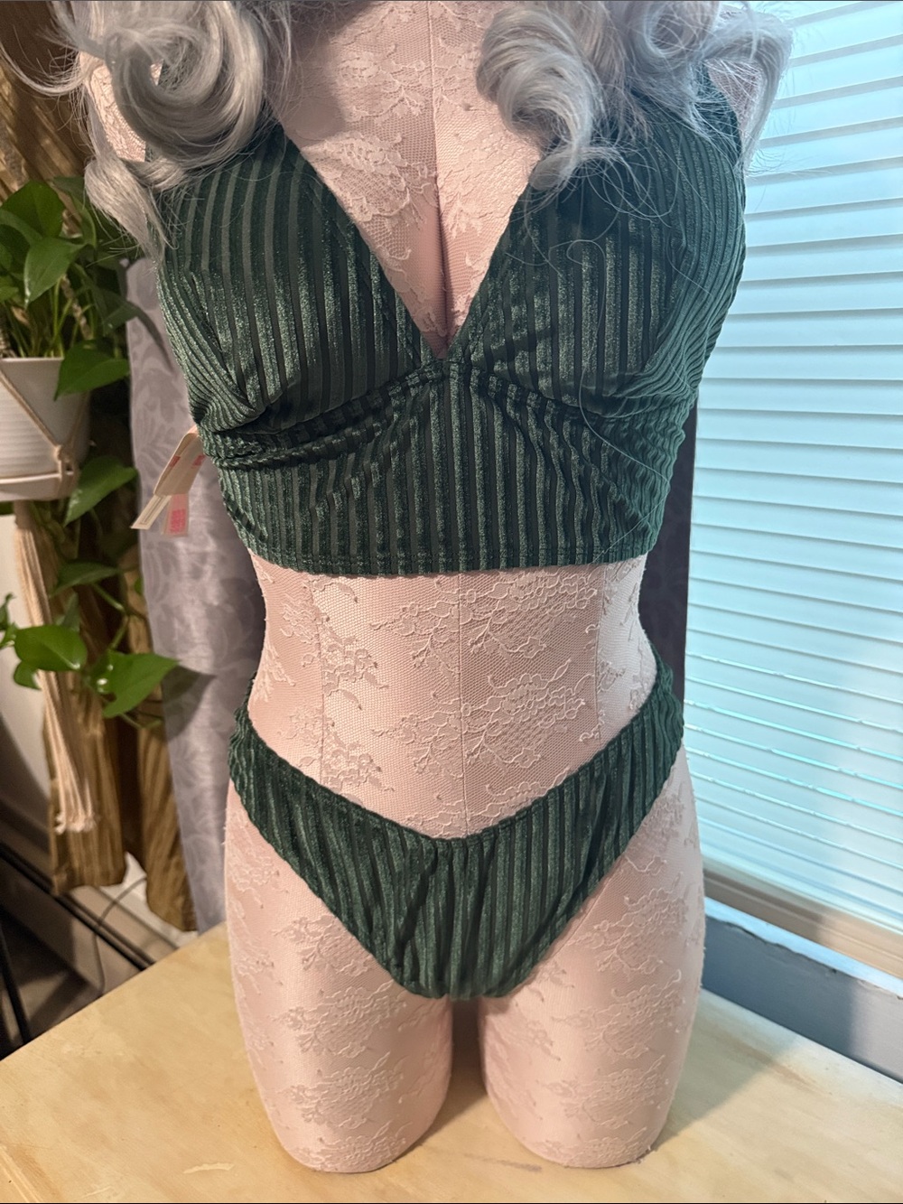 PINK Victoria's Secret Dark Green Ribbed Bralette & Thong Set